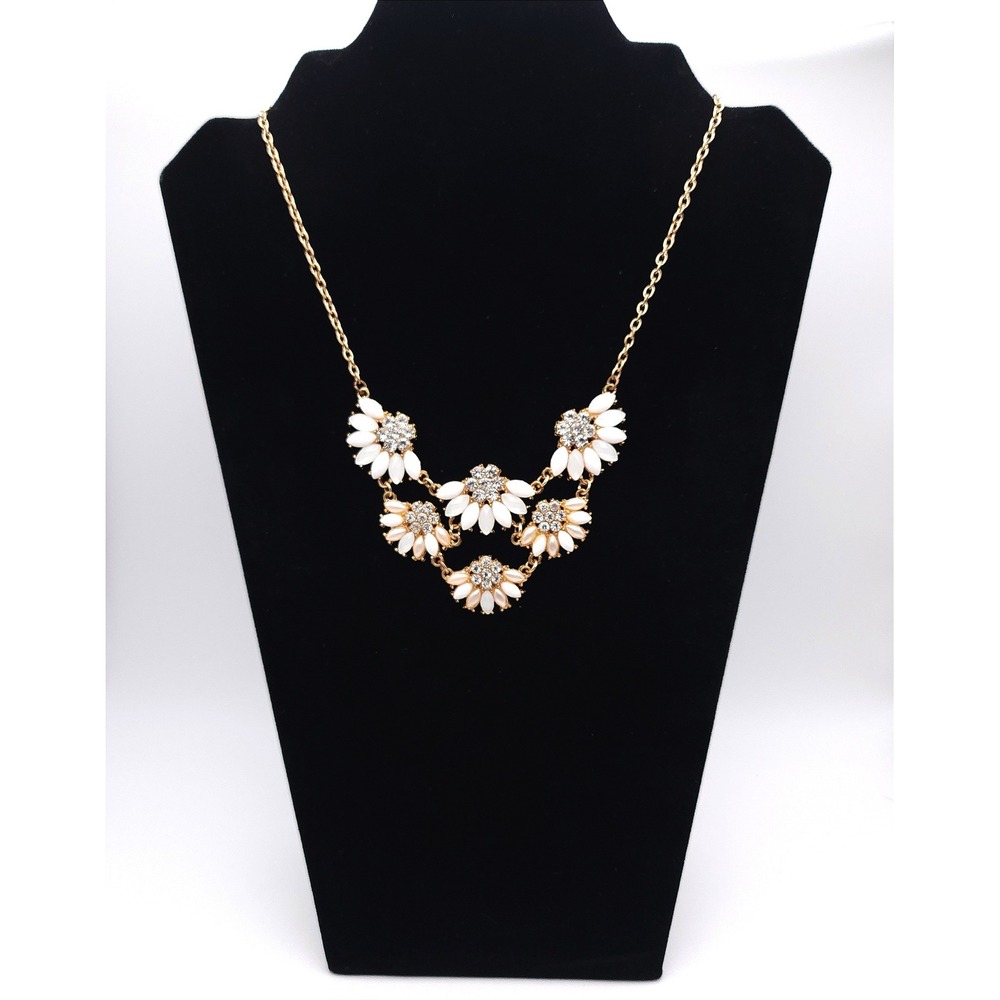 Vintage Floral Bib Statement Necklace White Gold Tone Resin Crystal 18-20"